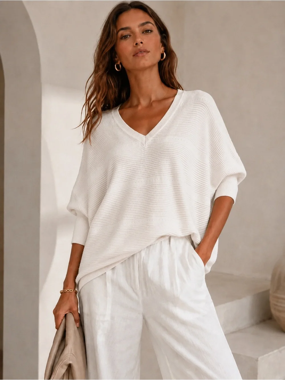 WISPR Lightweight Oversized Dolman Sweater – Cream Knit V-Neck | Size Medium